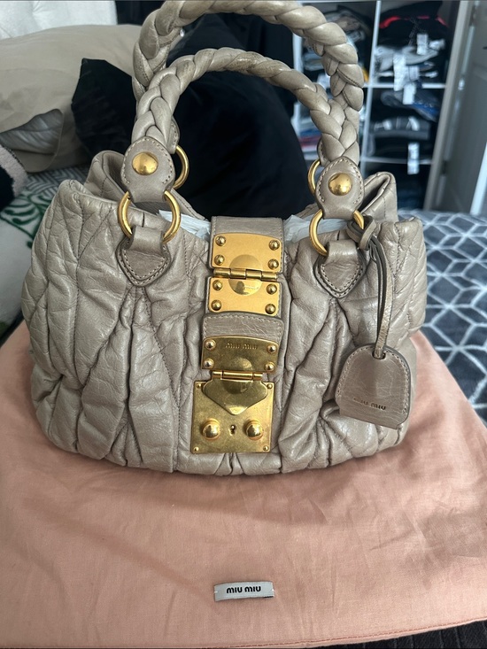 Miu Miu Handbags - Miu Miu Quilted Taupe Leather Satchel with Gold Hardware